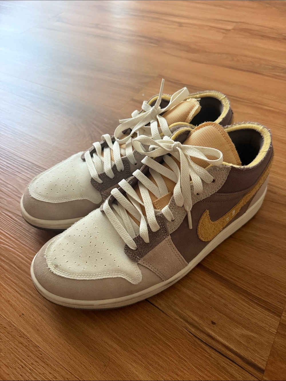 Slightly used Nike Air Jordan Men's Low-Top Sneakers in Cream, Tan & Gold